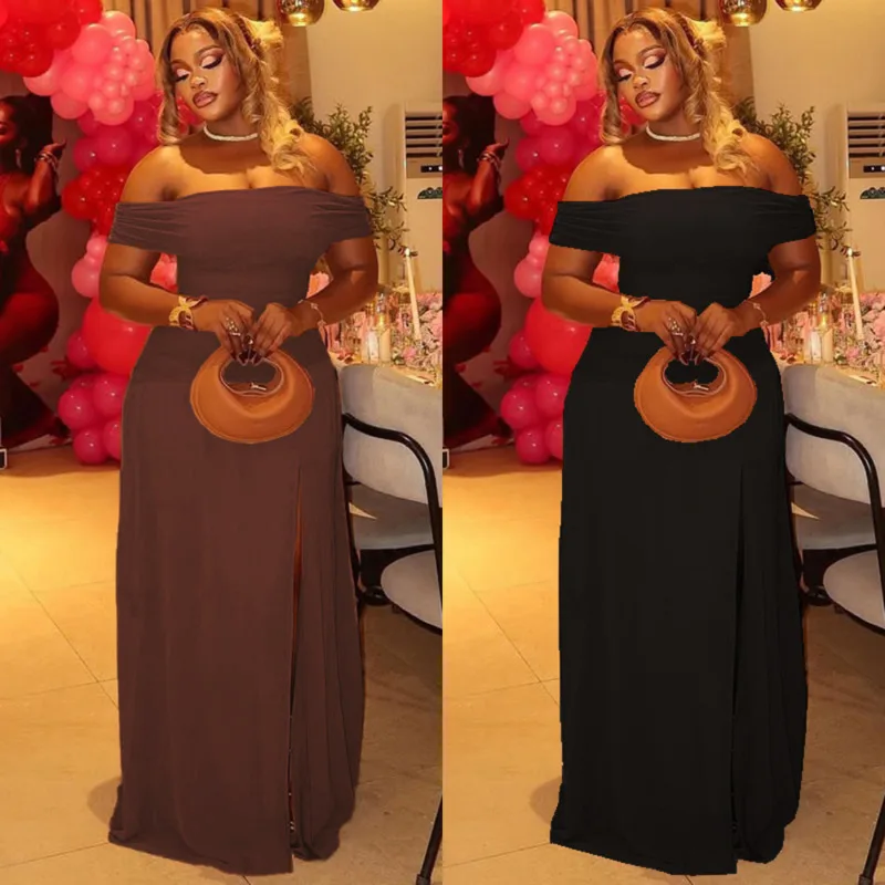 

2025 Off Shoulder Women Maxi Dress Chic Solid Color Slim Fit Split Hem Pleated Bodycon Tube Top Elegant Evening Party Dresses