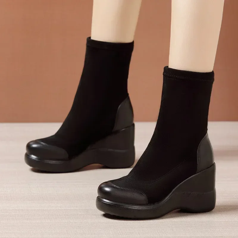 8cm Small Size 32-43 Comfortable Flexible Platform Wedges Shoes Ankle Boots Winter 2024 High Heels Sock Boots Elastic Office