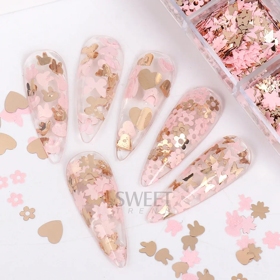 12 Grid 3D Butterfly Nail Flake Sequins Pink Gold Flower Rabbit Glitter Paillette Nail Charms DIY Slice Manicure Supplies SAS128