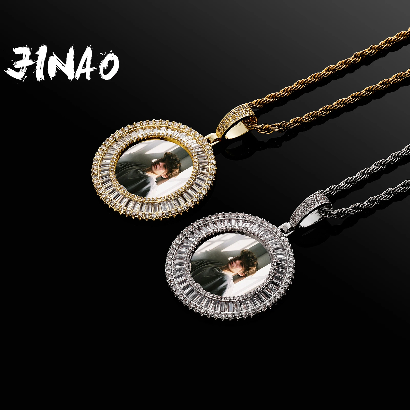 

JINAO NEW Custom Ice out Baguett Photo Heart Medallions Necklace & Pendant With 4mmTennis Chain AAA Cubic Zircon Hip hop Jewelry