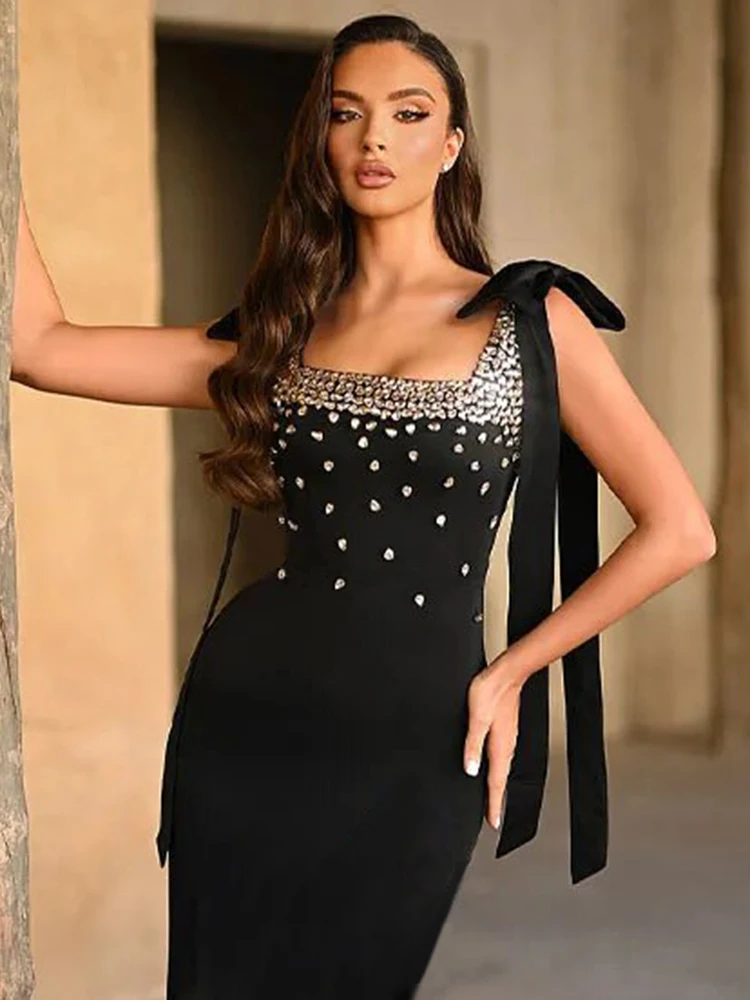 

Sexy Spaghetti Straps Bow Rhinestones Mini Bandage Dress Women Black Sleeveless Diamonds Bodycon Dresses Evening Party Gowns