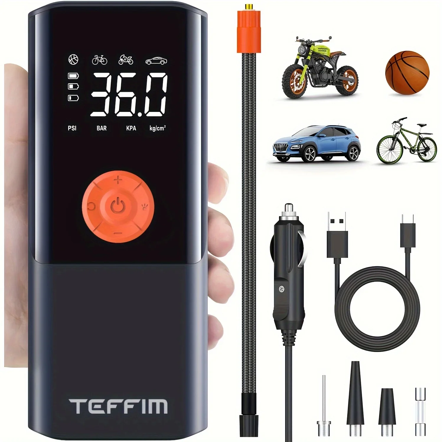 

Portable Digital Tire Inflator with LED Light - High-Powered Car Air Compressor and Pressure Gauge - 150 PSI for Motorcycle, Bik