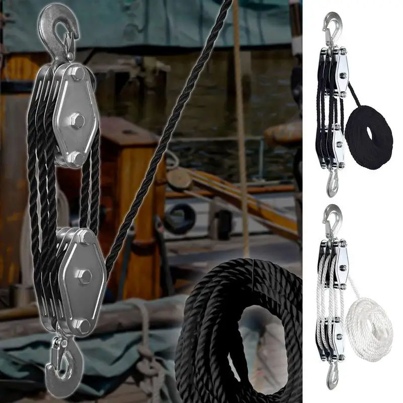 

Block and Tackle 50 Ft 3/8 Rope Pulley Hoist with 5:1 Lifting Power 2200 Lbs Breaking Strength Heavy Duty Pulley System Rope