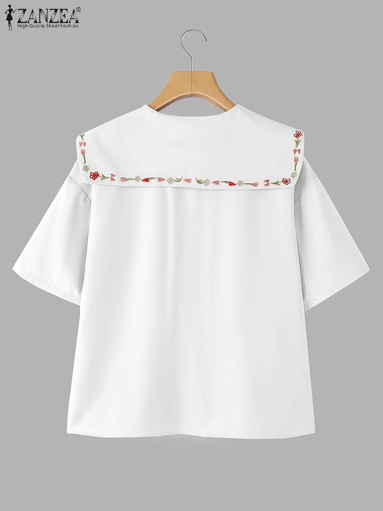 ZANZEA Vrouwen Shirts Bloemen Gedrukt Tops 2025 Bohemian Korte Mouw Sailor Kraag Blusas Losse Casual OL Werk Tuniek Vrouwelijke