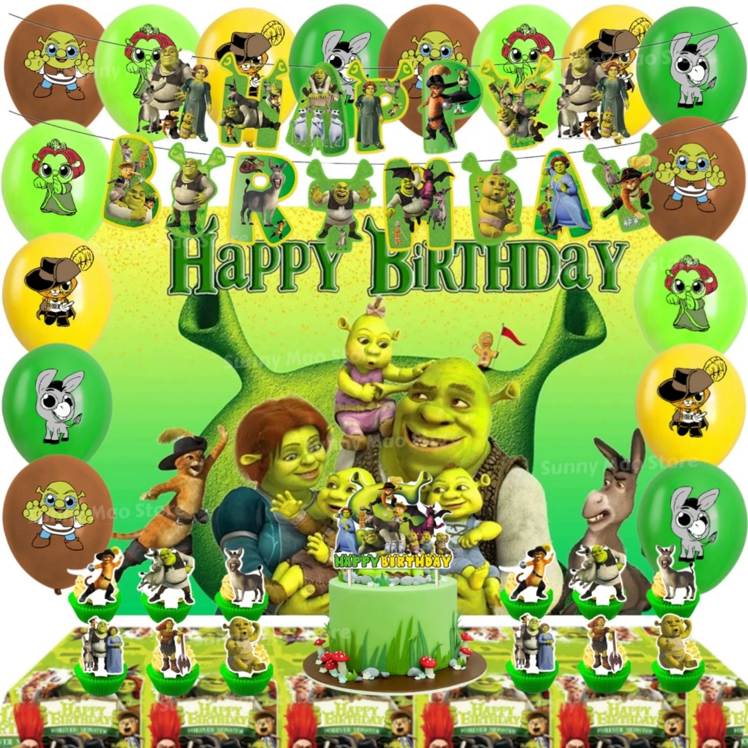 Kit de Decoración para Fiesta de Cumpleaños de Shrek, Globos de Látex de Monstruos, Fondo, Pancarta, Adorno para Pastel, Mantel para Baby Shower, Set de Regalo