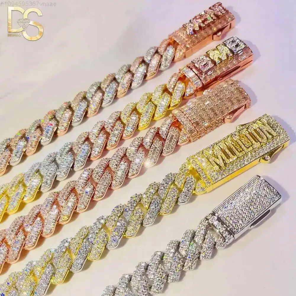 

Factory Wholesale Price S925 Sterling Silver 18k Gold Plated Prong Custom Bails Vvs Moissanite Cuban Link Chain