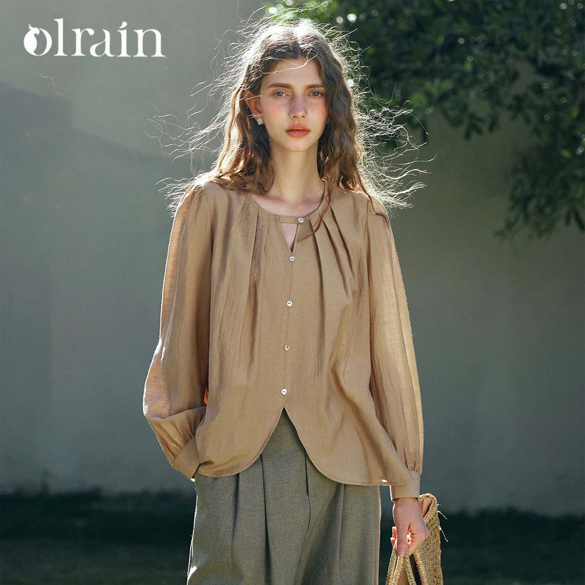 

OLrain Women's Simple Chiffon Shirts Autumn 2026 Round Neck Pullover Blouses Elegant Puffed Sleeves Solid Loose Tops G24CX89983