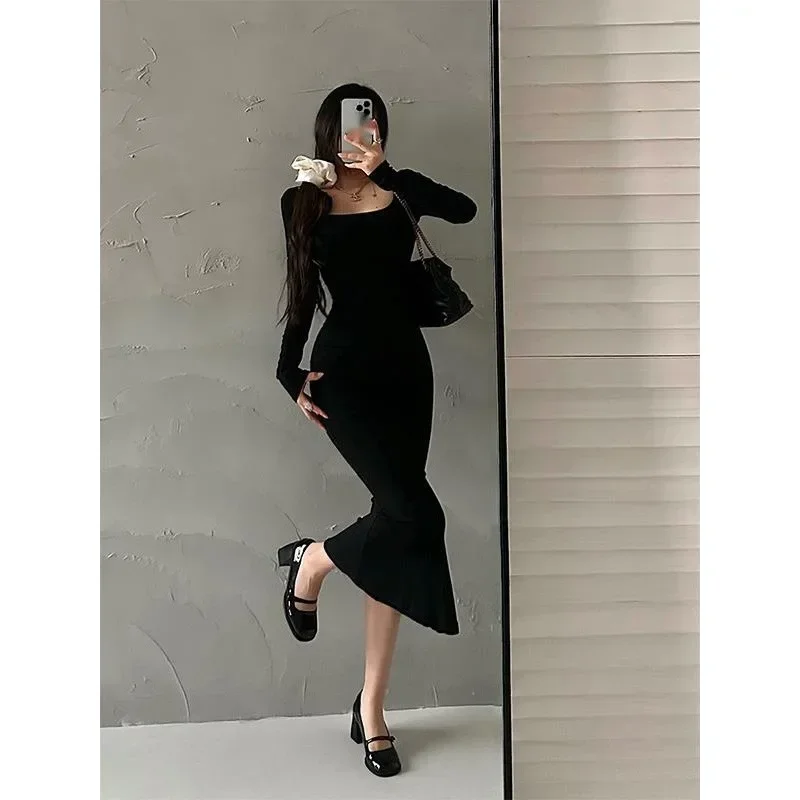 

Sexy Square Collar Tight Fishtail Dress Autumn Winter Korean Long Maxi Vestido Y2k Sweet Robe Women Bodycon Evening Dresses 원피스