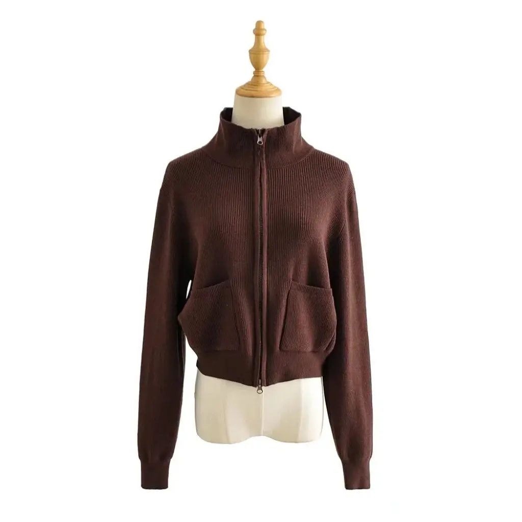 

Women's Retro Long-Sleeved Cardigan Sweater Jacket European American Style Autumn Winter Lapel Double Zipper Loose Casual