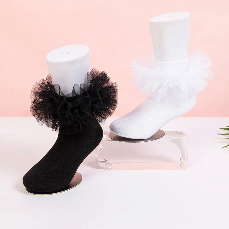 Cotton Frilly Short Socks with Fluffy Lace Edges and Multiple Pleats for Royal Princess Girls 1-12 Years view 3