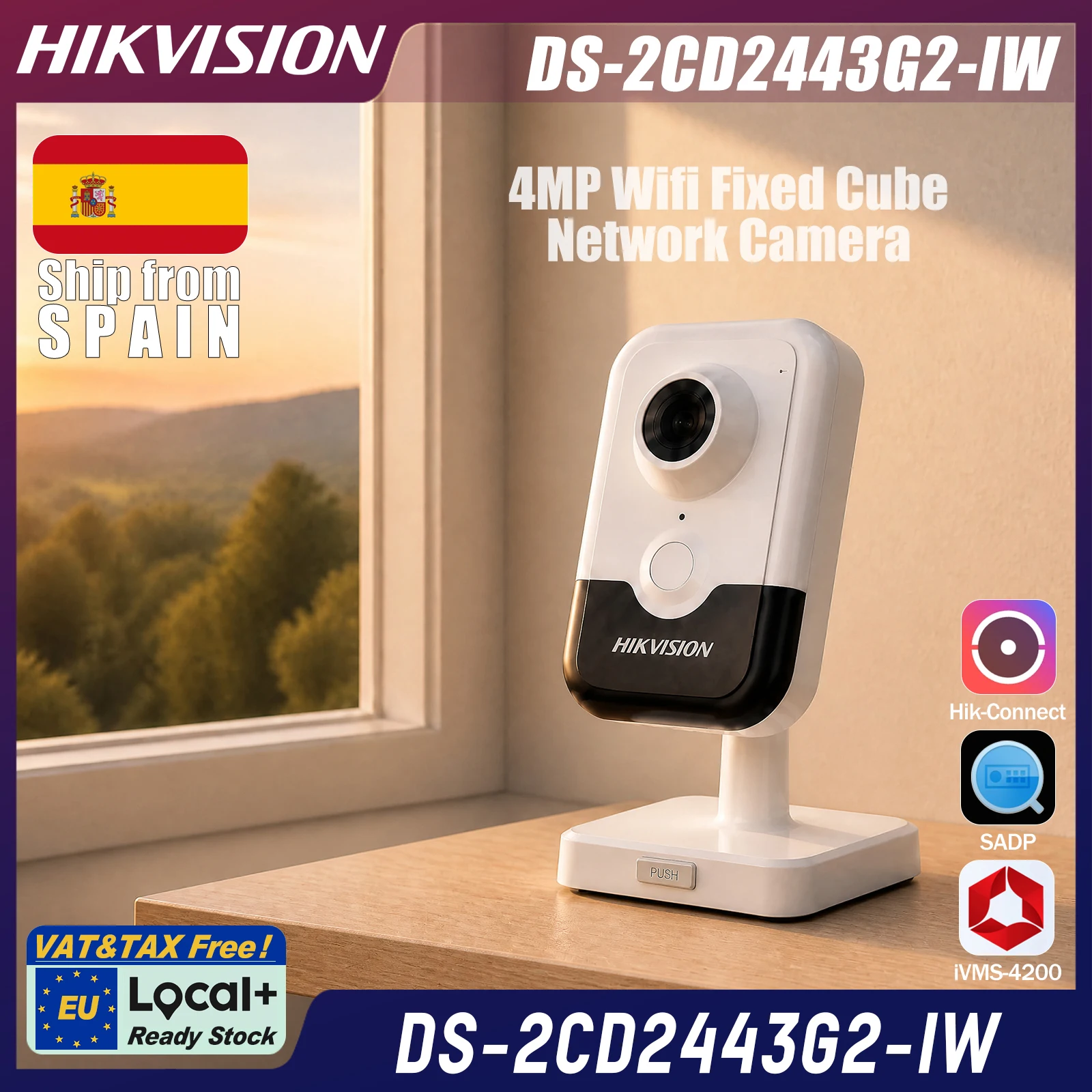 DS-2CD2443G2-IW Hikvision Local+ kamera cube stała Wi-Fi 4MP 2.8mm, Digital WDR, IR 10m, klasyfikacja człowiek/pojazd, wbudowane audio dwukierunkowe, slot karty 512GB, PoE