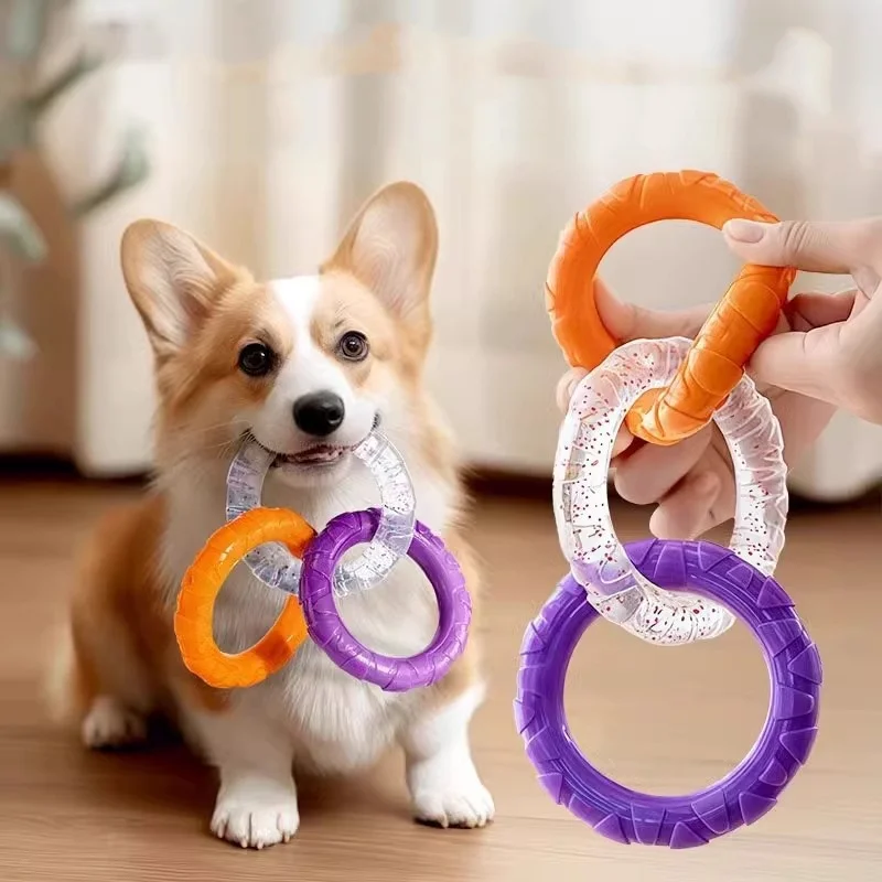Interaktives 3-Ring-Schlepper-Hundespielzeug für kleine, mittelgroße und große Hunde – kaubeständiges TPR-Zahnreinigungs-Haustierbedarf