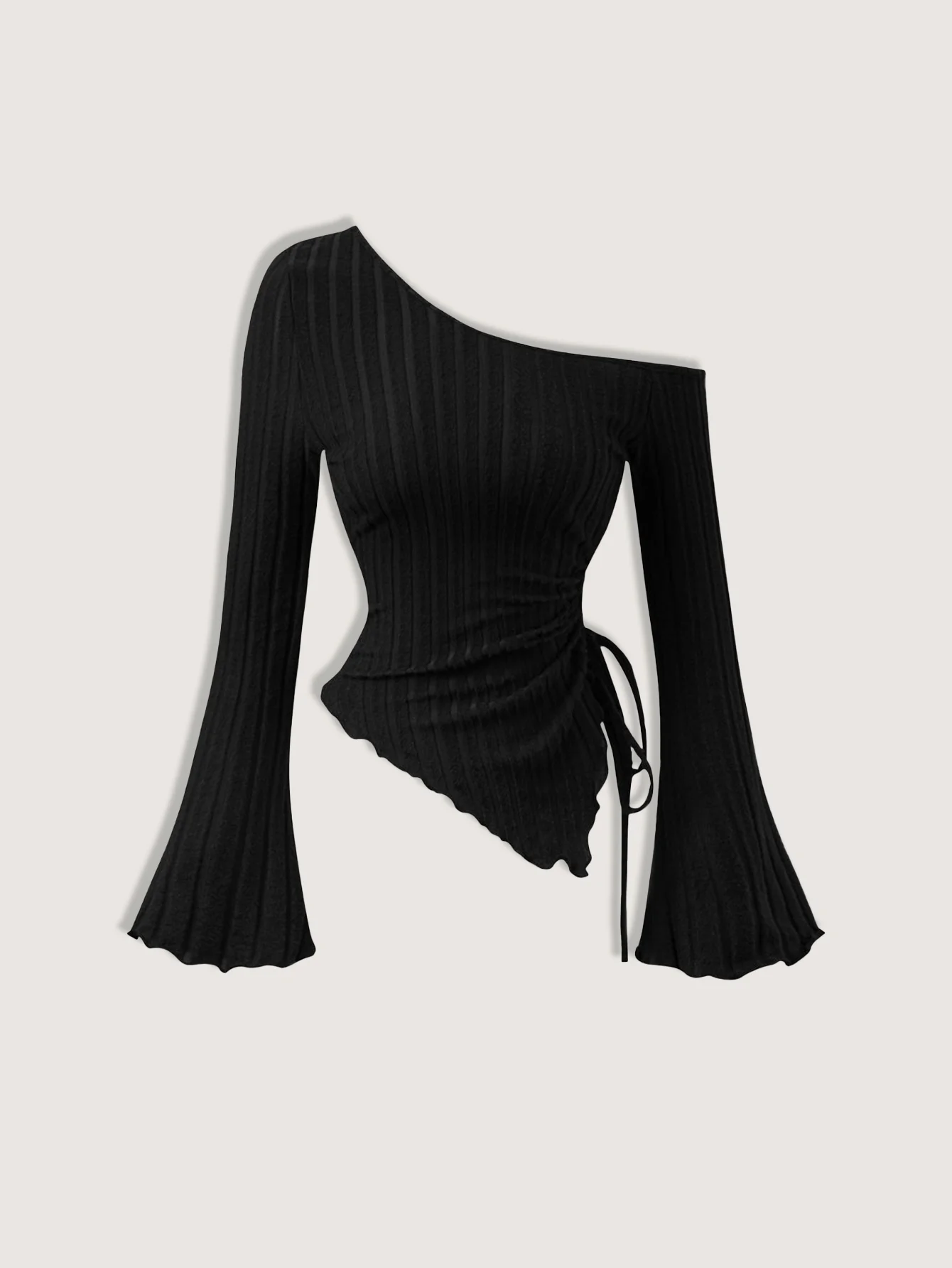 

Y2K Minimalist Brushed Ribbed T-Shirt with Flared Sleeves and Asymmetric Neckline & Hem: Single Shoulder Cutout Design
