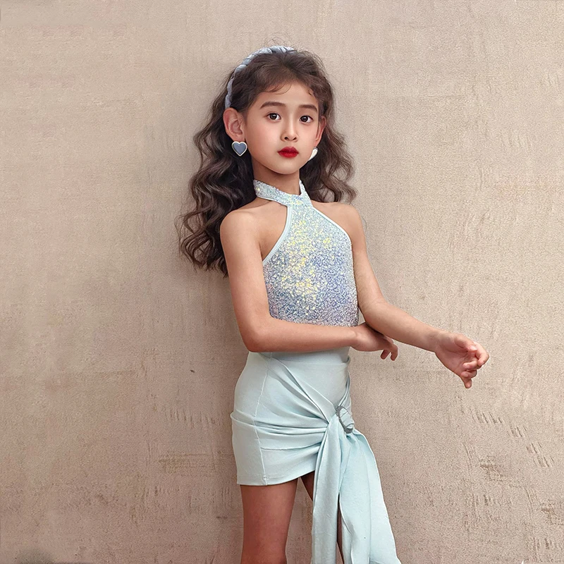 2025 filles vêtements de danse latine rose bleu paillettes hauts jupe été robe sans manches Performance Costume robe de compétition NV23261