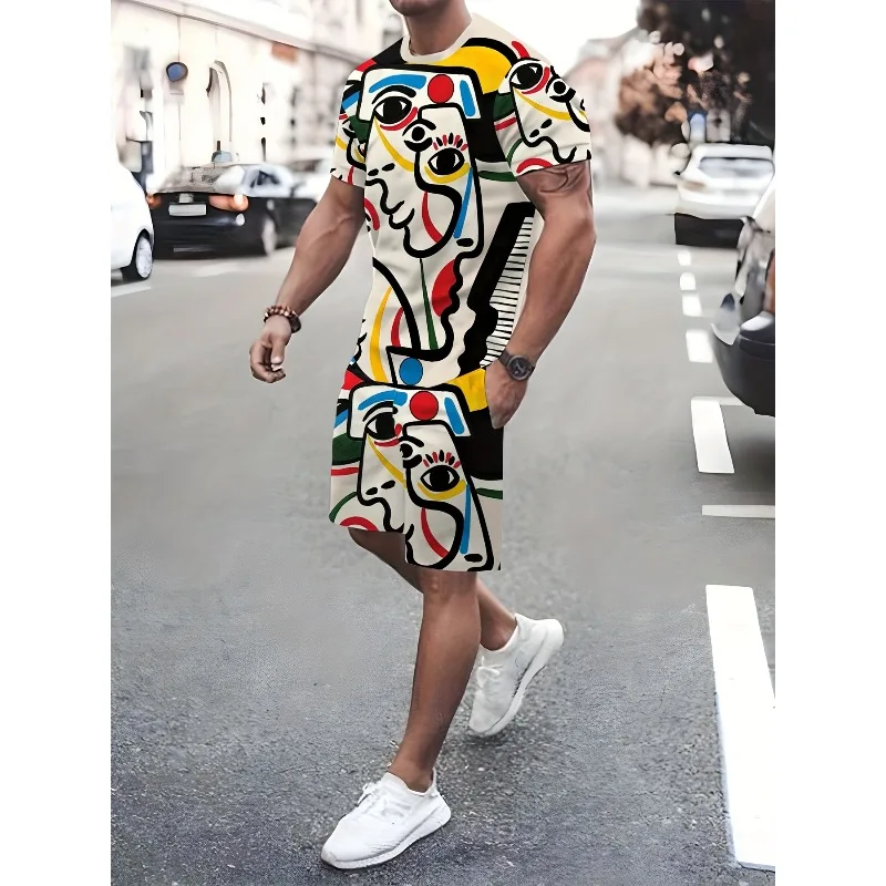 

Лето 2025 г., мужская свободная повседневная футболка с 3D принтом импрессиониста, круглым вырезом и короткими рукавами, комплект из полиэстера и улицы