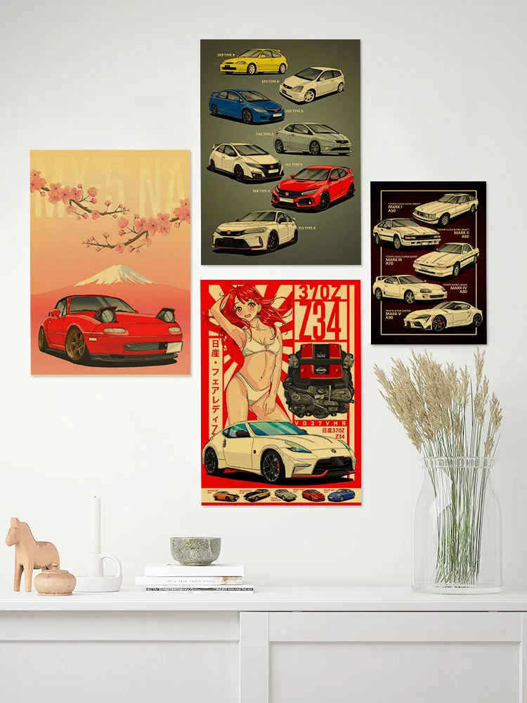 JDM Poster Supra MK4 Car, RUAJIL Mazda RX7 Rotary Engine Poster Aesthetic Decoration Mural Living Room, Bedroom Painting