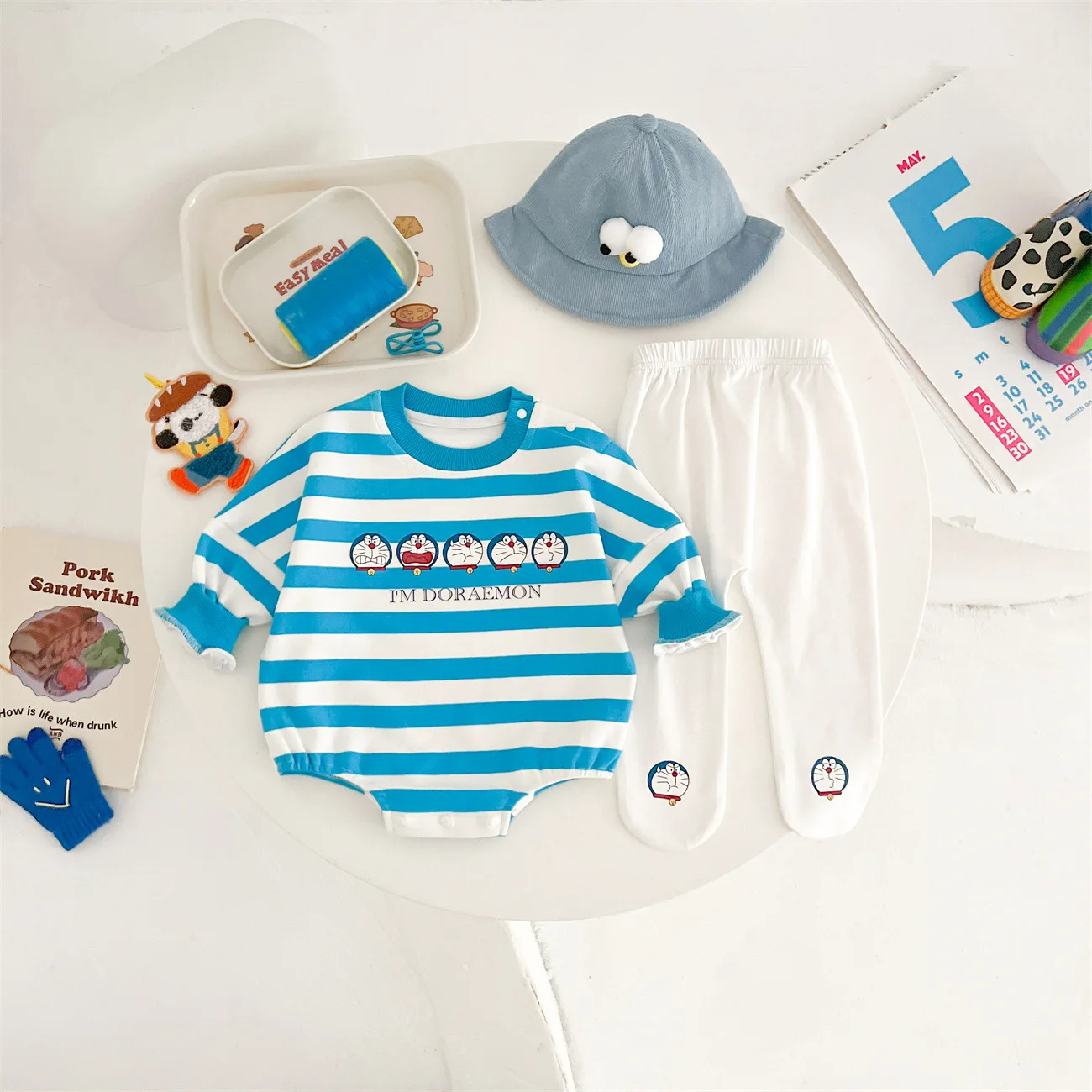 2024 Baby Clothes Organic Cotton Combed Cotton Soft Newborn Clothes Three-piece Set Blue Striped Jingle Chubby Bag Fart Suit