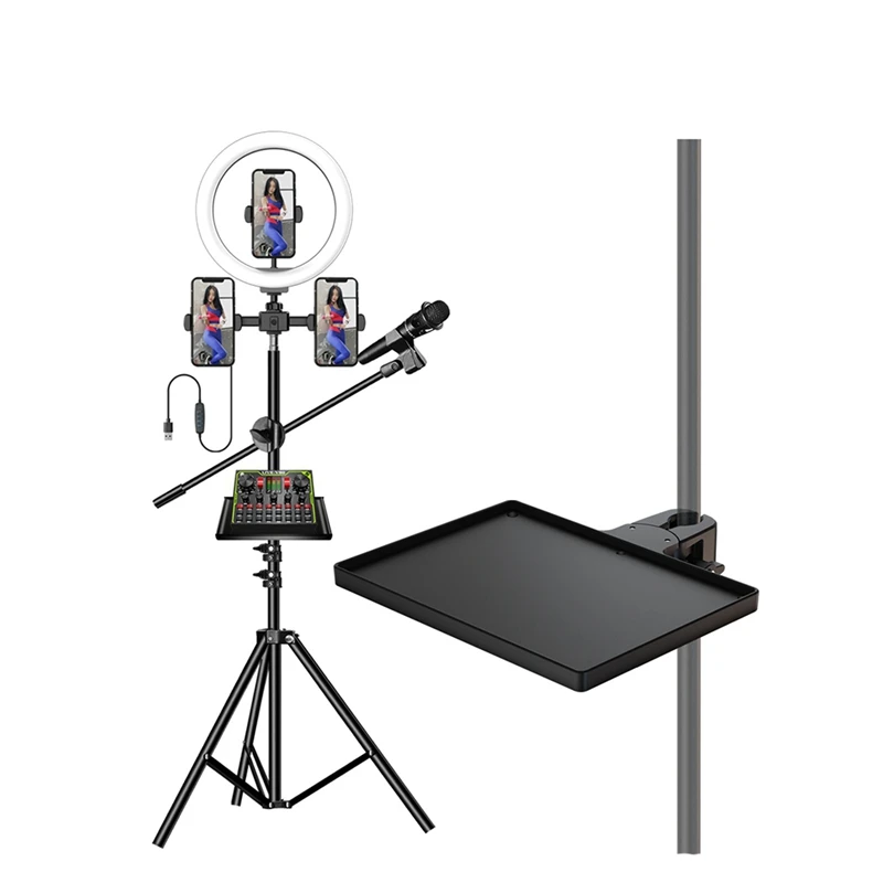 2-In-1 Microphone Stand Tray With 2 Phone Holder, Adjustable Clamp-On Rack Mic Stand Tray Shelf For Studio Concert