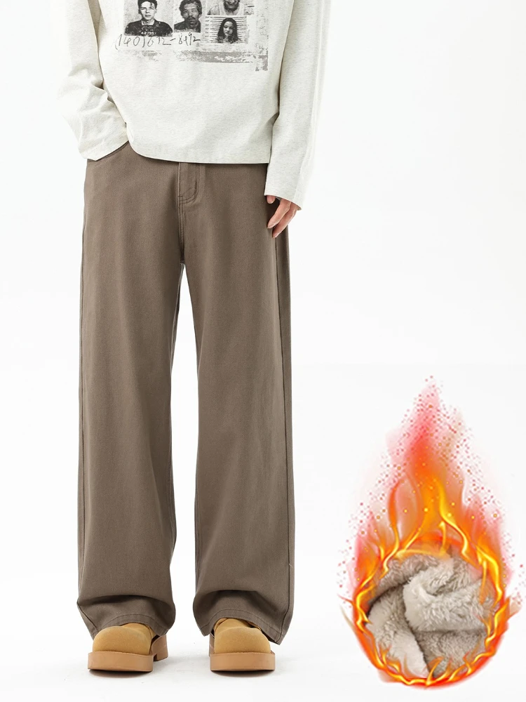 

Зимние флисовые прямые брюки, мужские модные свободные утолщенные теплые бархатные повседневные брюки из 100% хлопка, мужские плюшевые коричневые брюки