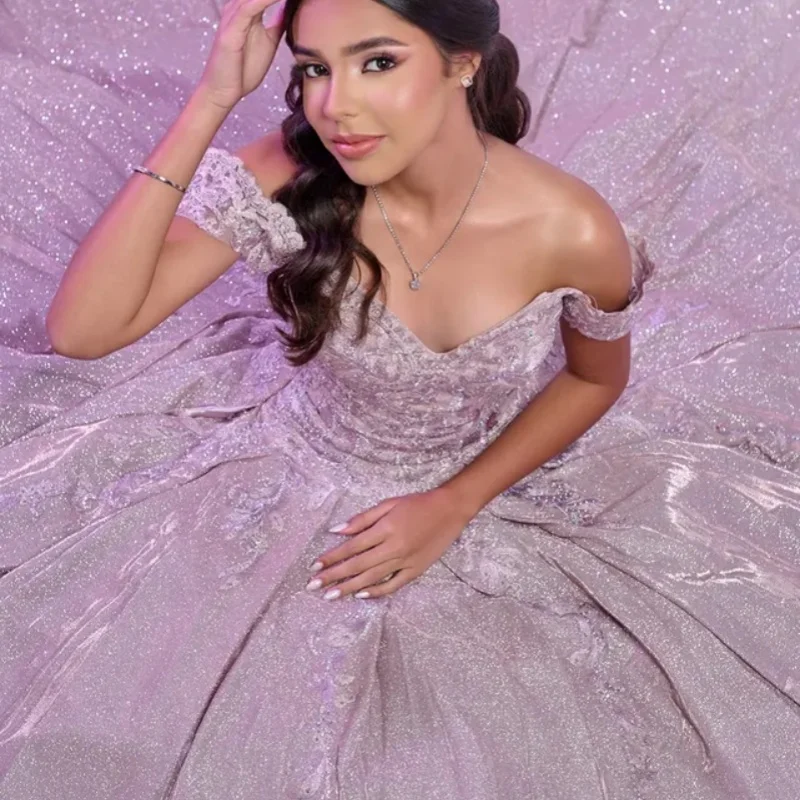 

Shiny light pink Quinceanera Dress off-shoulder Lace crystal beading decal Long tail vestidos de 15 Quinceanera ﻿Customize