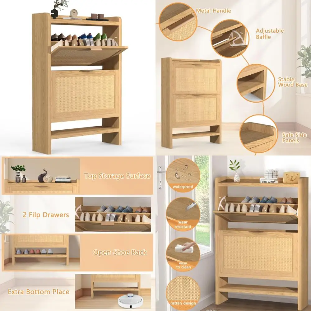 

Freestanding Narrow Shoe Organizer with 2 Rattan Drawers and Additional Storage Shelf for Entryway