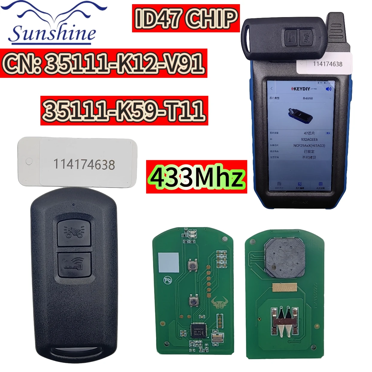 

Sunshine ID47Chip 433MHz 35111-K12-V91 35111-K59-T11 Remote Control Smart Key For Honda Motorcycle Click 150I Vario 150 K12 K59