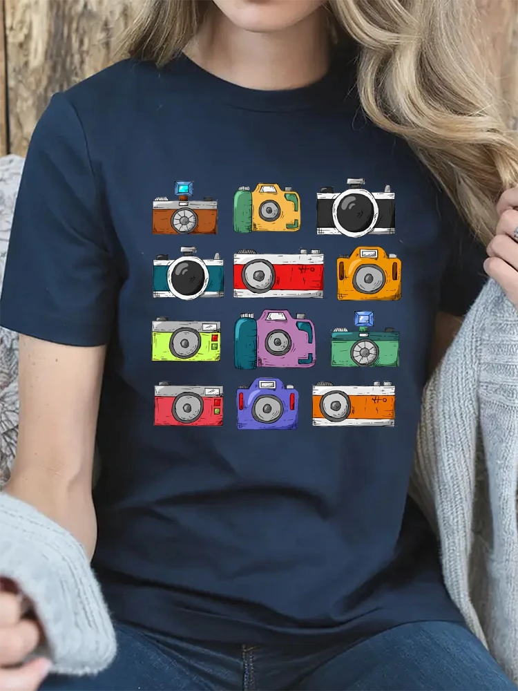 

Casual Round Neck T - Shirt Loose Short - Sleeved Top Featuring Various Cartoon Camera Graphics Trendy ComfortableOutfit