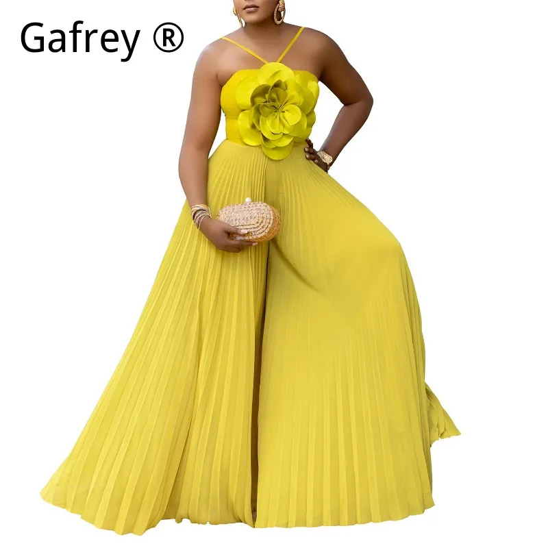 

Fashion Plus Size Halter Neck Jumpsuit 3D Floral Solid Color Wide Leg Loose Fit Casual Summer Vacation Long Jumpsuits 2026