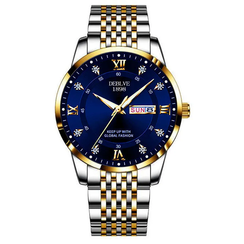 남성용 시계 스테인리스 정교한 버튼 숨겨진 버클 발광 달력 중국어 영어 스포츠 시계