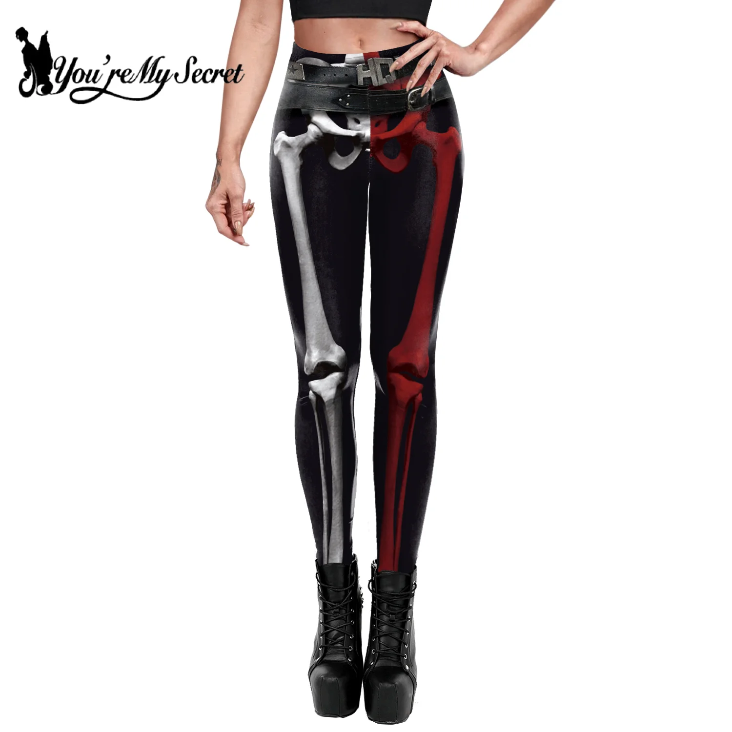 [You're My Secret] Women Leggings Punk Style Trousers Funny Skinny Yoga Pants 3D Printing Skeleton Leggings Casual Elastic Wear