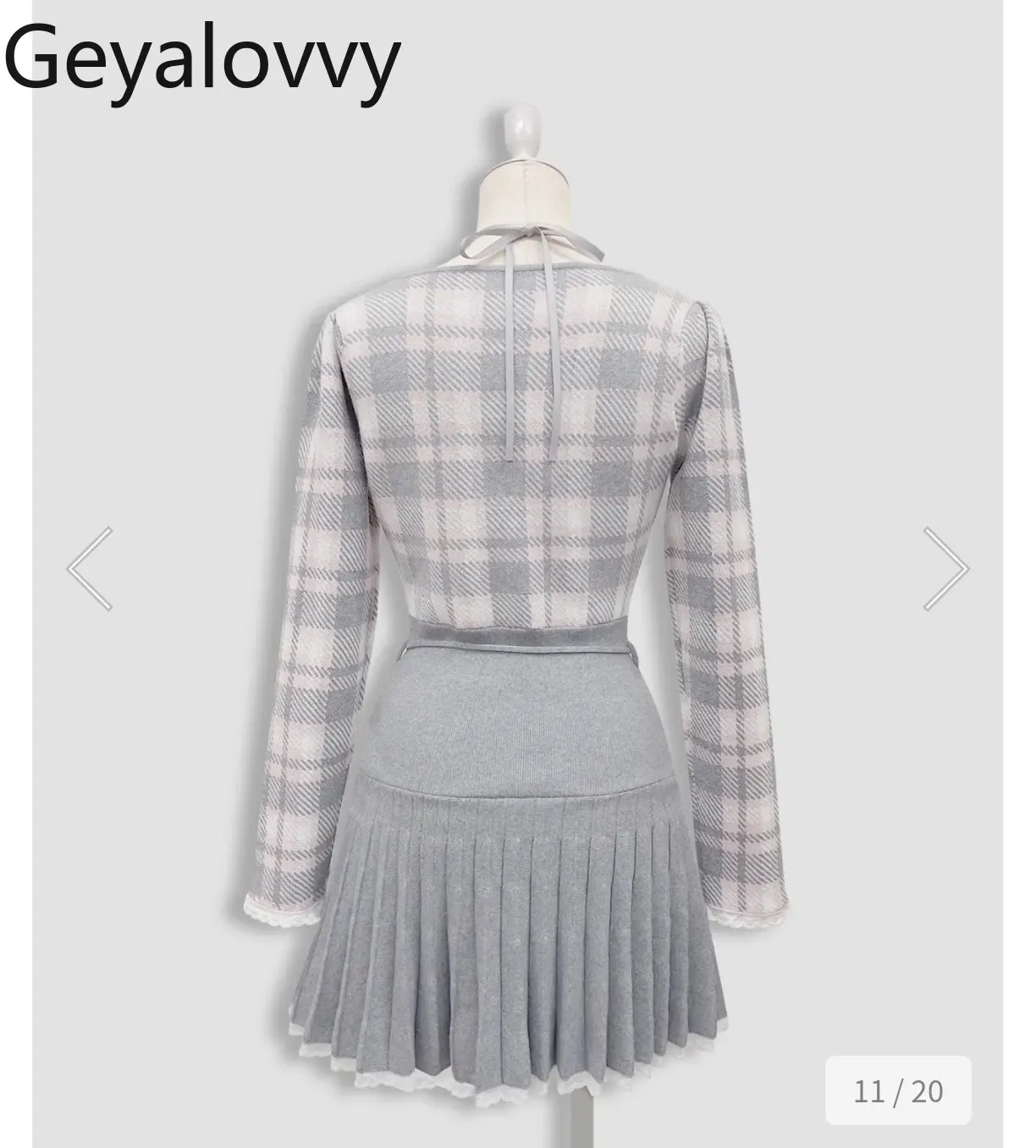 和風ホルターネックフレンチスリムスイートチェック柄プリーツニットワンピース2026新作ハイウエストスリム長袖パッチワークワンピース