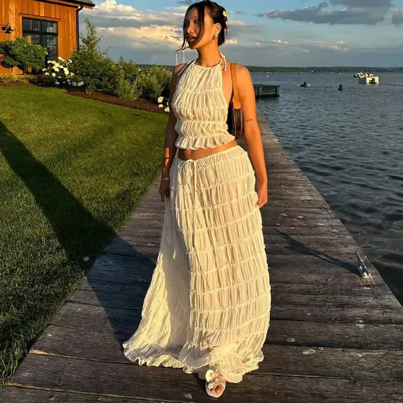 

Elegant Sexy Backless Matching 2 Piece Dress Set Beach Holiday Outfits Vintage Ruched Halter Cami Tops + Maxi Long Skirt Party