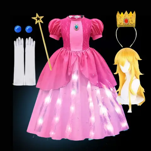 Disney Light up Gioco di ruolo Peach Princess Costume Ragazza Carnevale Abito da festa con luce a LED Festival per bambini Abiti di Halloween