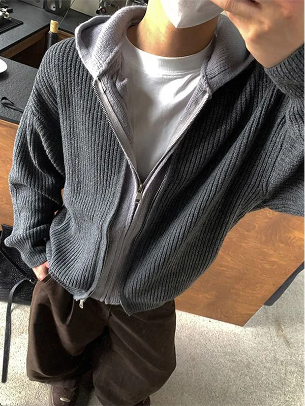 

Men's Loose Fit Zip up Hoodie Knitwear Double Zipper Color Blo Casual Sweater Outerwear Autumn Winter Comfortable Polyester