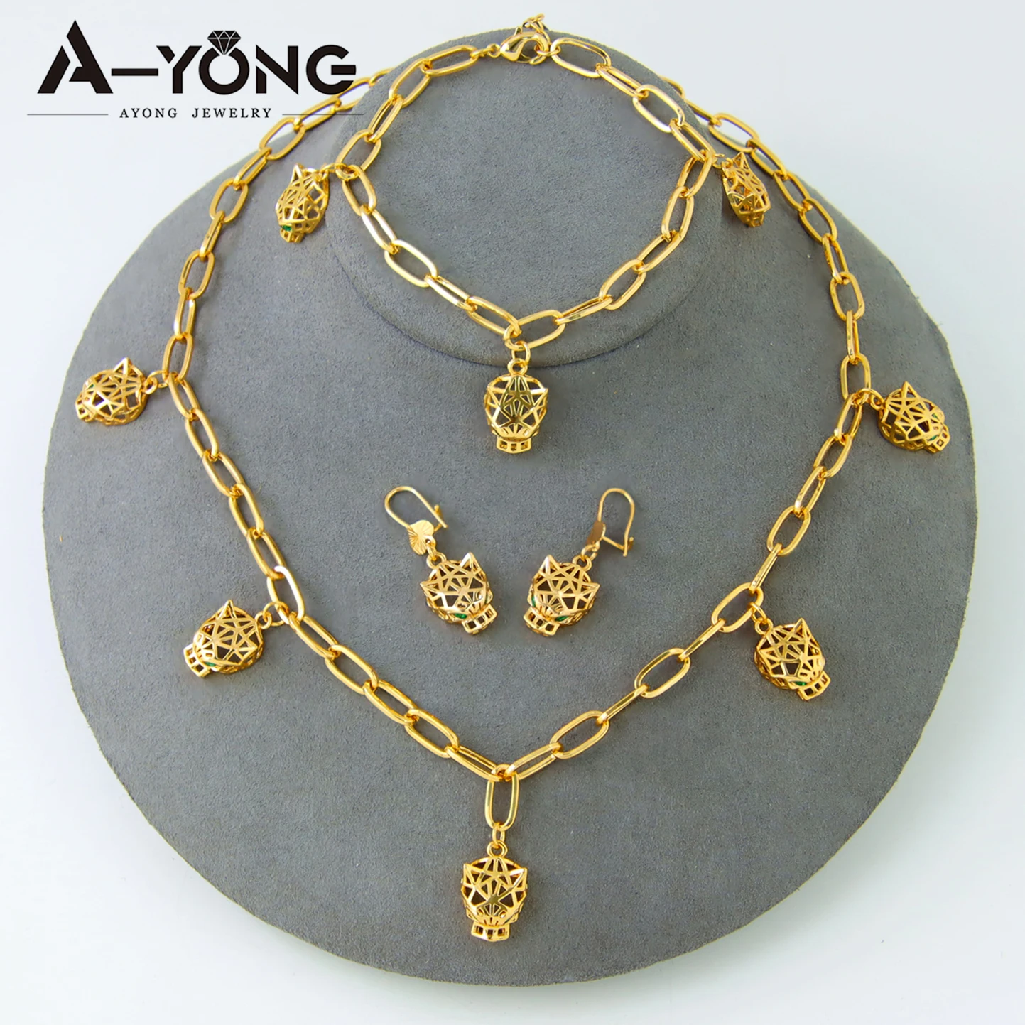 Luxus Gold Farbe Leopard Halskette Armband Ohrringe Set 21 Karat vergoldet Vintage Panther Punk Unisex Dubai Arab vollen Schmuck – Detail 1