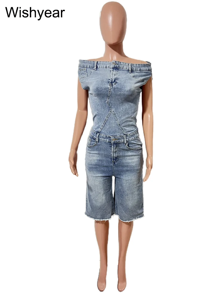 Women's Off-Shoulder Blue Denim Jumpsuit Slash Neck Casual Straight Romper Playsuit One Piece Autumn Jeans Streetwear Outfits - Image 4