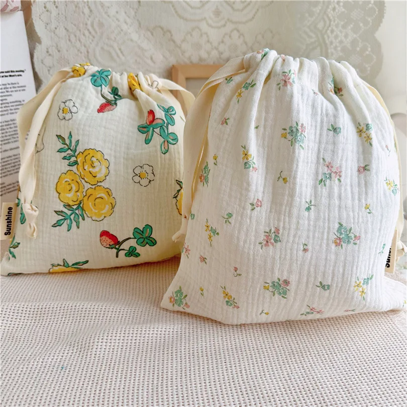 100% Natural Cotton Mommy Storage Bags Outdoor Baby Diaper Carrier Cute Sunshine Rainbow Printing Drawstring Pouches 27x25cm