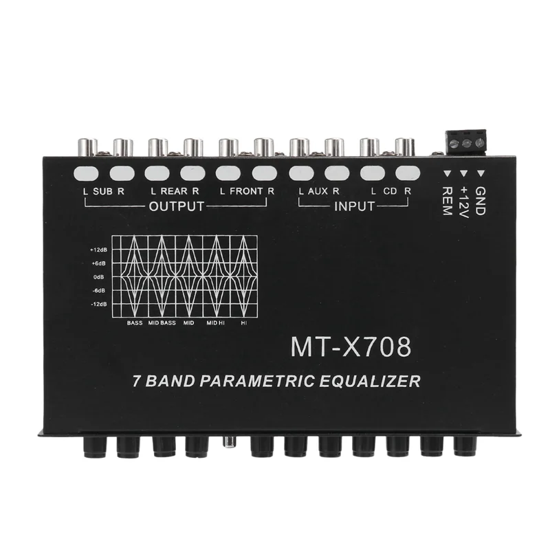 معادل صوت السيارة ABGI-2X ذو 7 نطاقات، معادل رسومات مضخم صوت EQ قابل للتعديل مع مفتاح اختيار إدخال CD/AUX، أسود