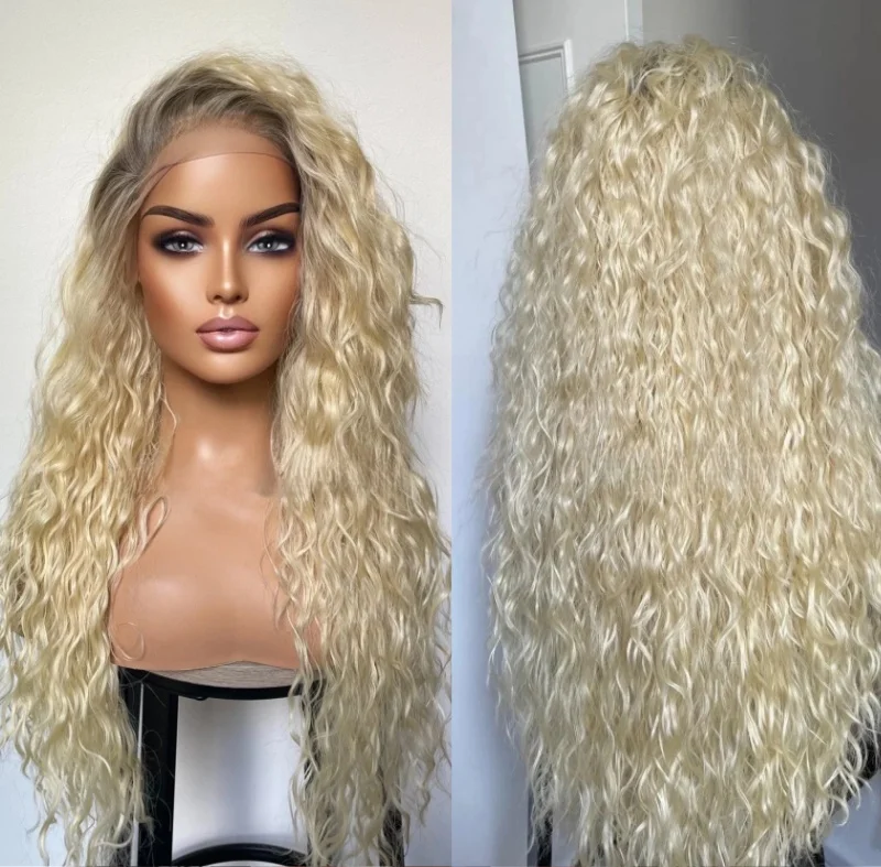 

Blonde Curly Hair Wig With Roots Synthetic Lace Front Wigs Realistic Hairline Wig Free Part Synthetic Lace Front Wig For Women