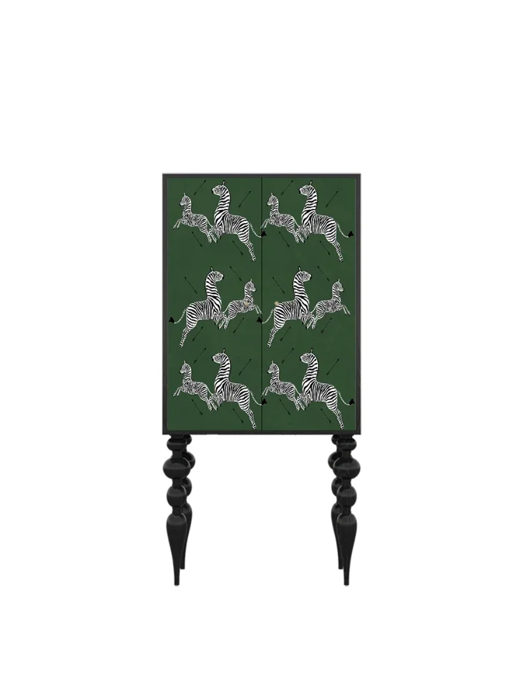 

French Simplicity Green Zebra Multi-Functional Wall Cabinet Sitting Room Cabinet High Leg Curio Cabinet