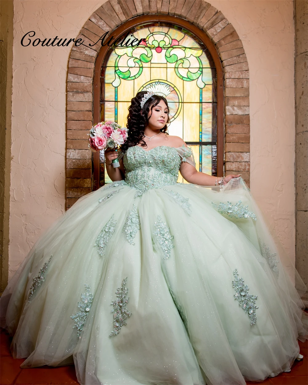 Sage Green Beaded Lace Appliques Quinceanera Dress Off Shoulder Lace-up Corset With Bow Mexican Cinderella Ball Gown Customized