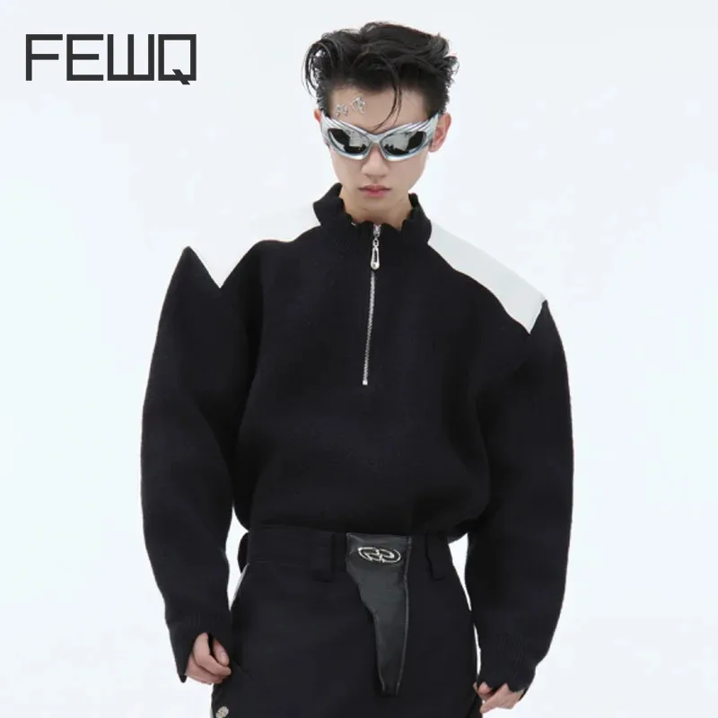 FEWQ Niche Deconstruction Splicing Knitted Sweater Metal Zipper Design Simple Contrast Color 2024 Male Tops Fashion 24E2723