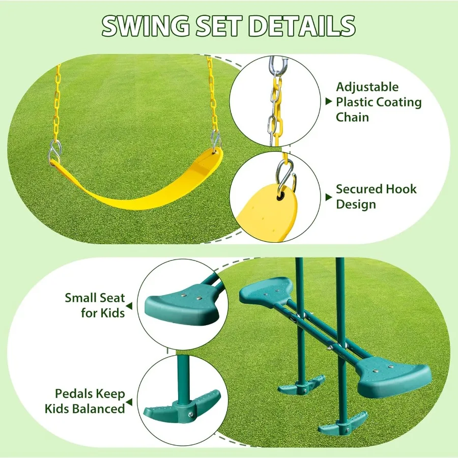 مجموعة أرجوحة معدنية شديدة التحمل 5 في 1 مع حزام أرجوحة شراعية وشريحة للاستخدام الخارجي وتصميم AFrame يدعم ما يصل إلى 500 رطل