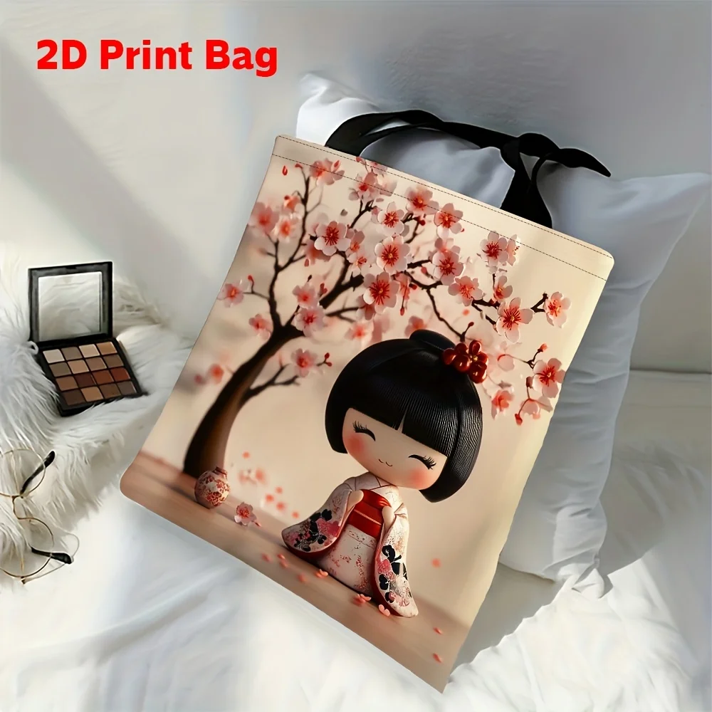 

1pc Cherry Blossom Wo Tote Bag with Japanese Style Doll Printed Shopping Bag for Shopping, Travel, And Work