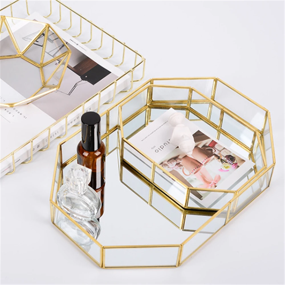 

Northern Europe Glass Storage Tray Gold Tray Luxury Jewelry Cosmetic Organizer Box Decoration Retro Copper Case Makeup Box