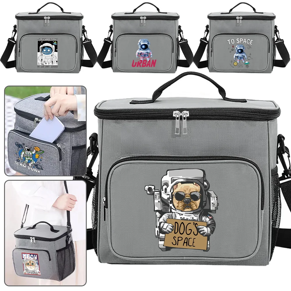 

Insulated Lunch Bag Grey Color for Professionals Waterproof Food Storage with Zip Closure Astronaut Series Printing Dinner Box