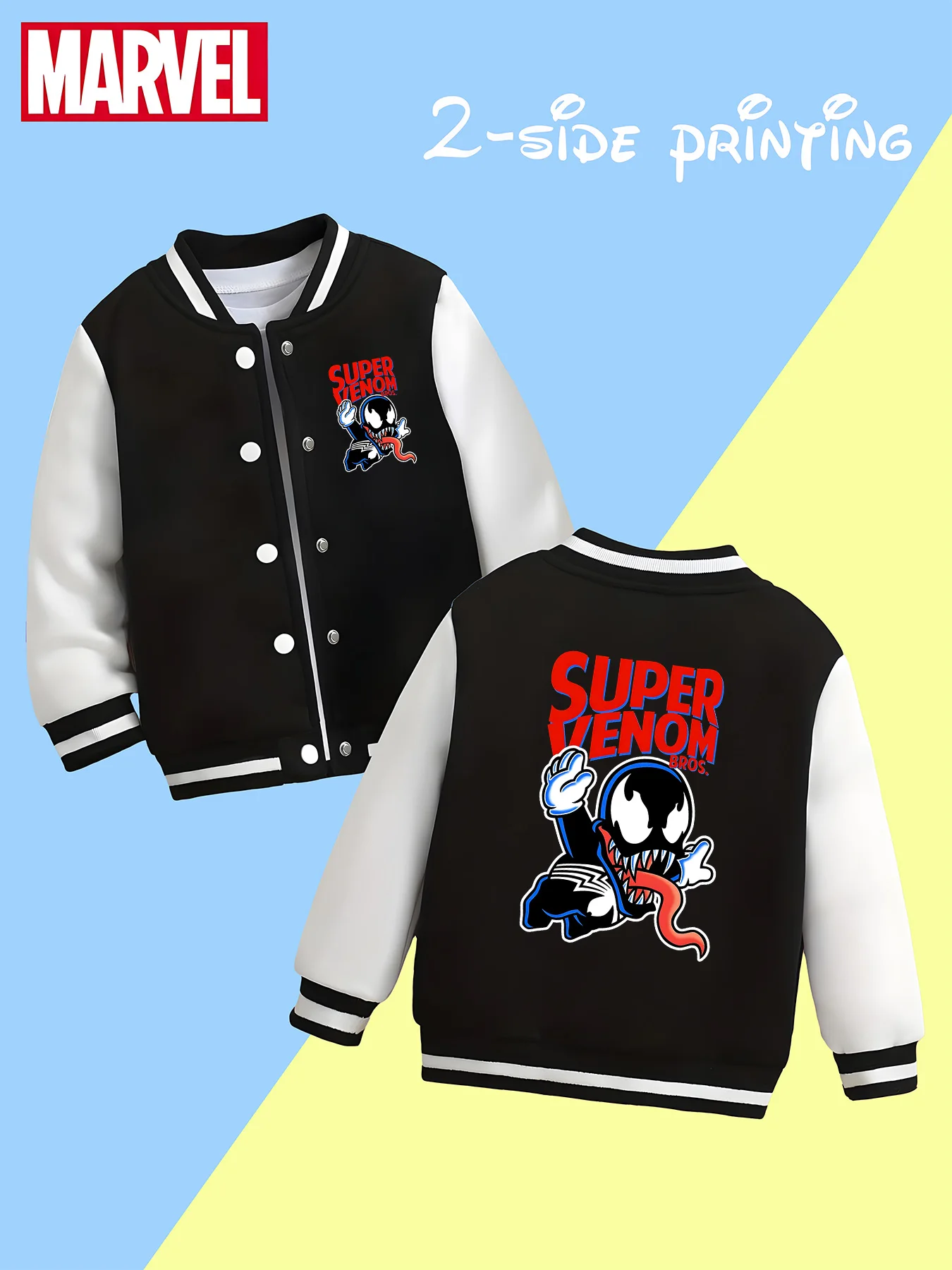 

MINISO Marvel Boys' Baseball Jacket - Venom "SUPER VENOM" double-sided graphic, soft fabric