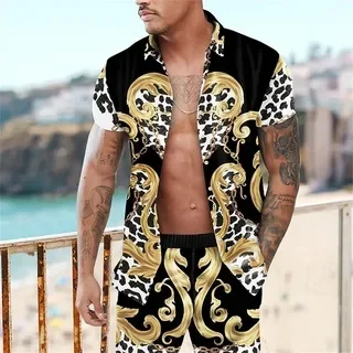 Conjunto de 2 piezas de camisa de manga corta con estampado 3D para hombre, pantalones cortos de playa, informal, vacaciones, verano, marca de lujo,