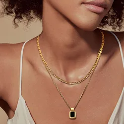 Women Layering Necklace Set , Stainless Steel Link Figaro Chain, Square Rectangle Pendant Shell Necklace