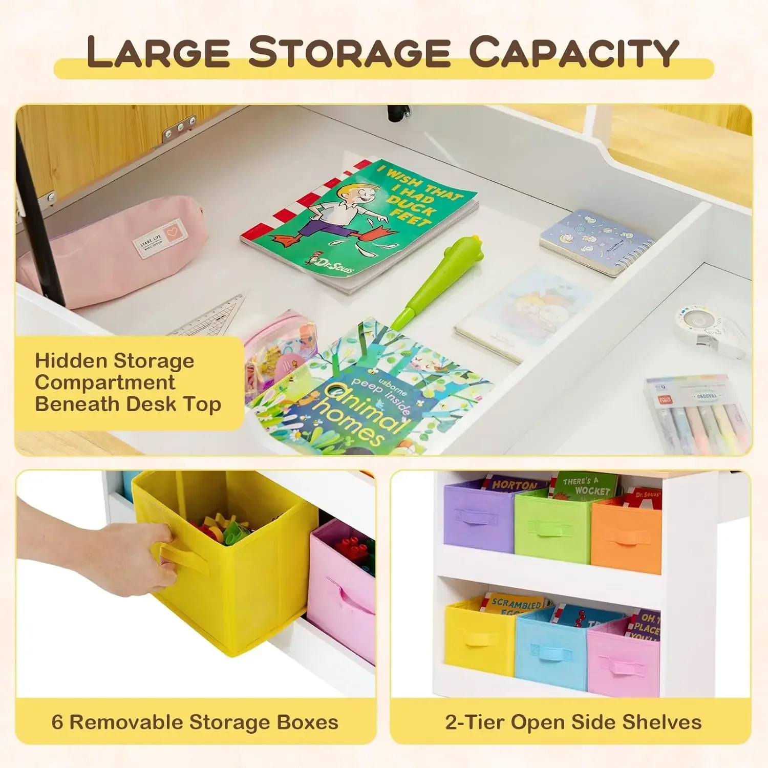 3 in 1 キッズテーブルと椅子セット、ウッドアートテーブルとイーゼルセット、椅子2脚、収納箱6個、ペーパーローラー、描画用ペイントカップ付き